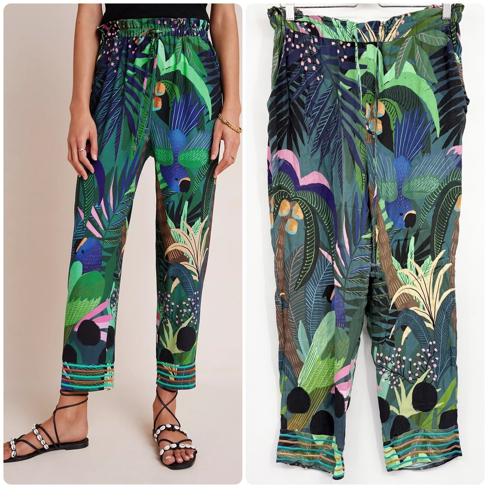Farm Rio Womens Tropique Embroidered Resortwear Tropical Jungle Bird Pants M